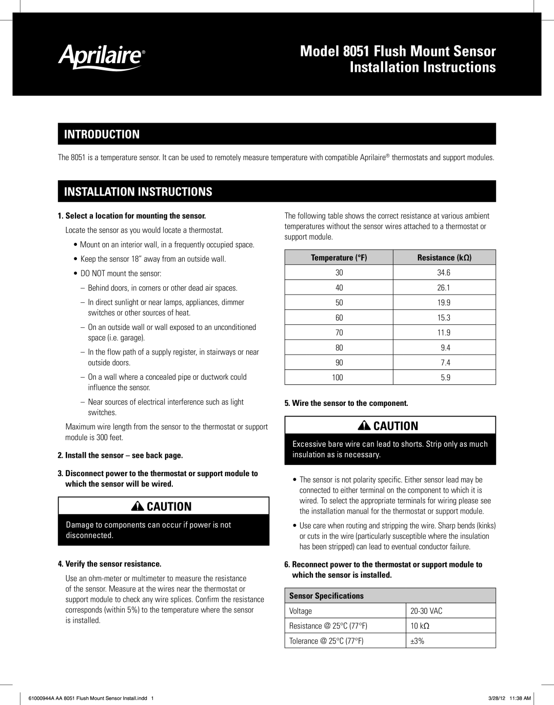 Aprilaire installation instructions Model 8051 Flush Mount Sensor Installation Instructions, Introduction 