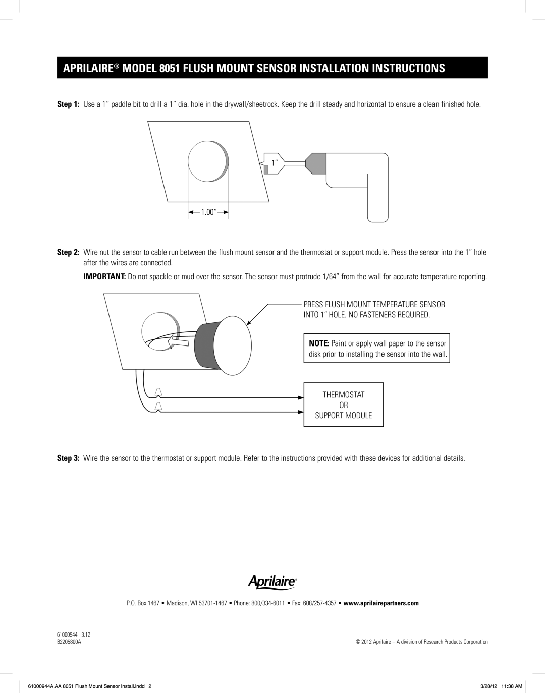 Aprilaire 8051 installation instructions Aprilaire a division of Research Products Corporation 