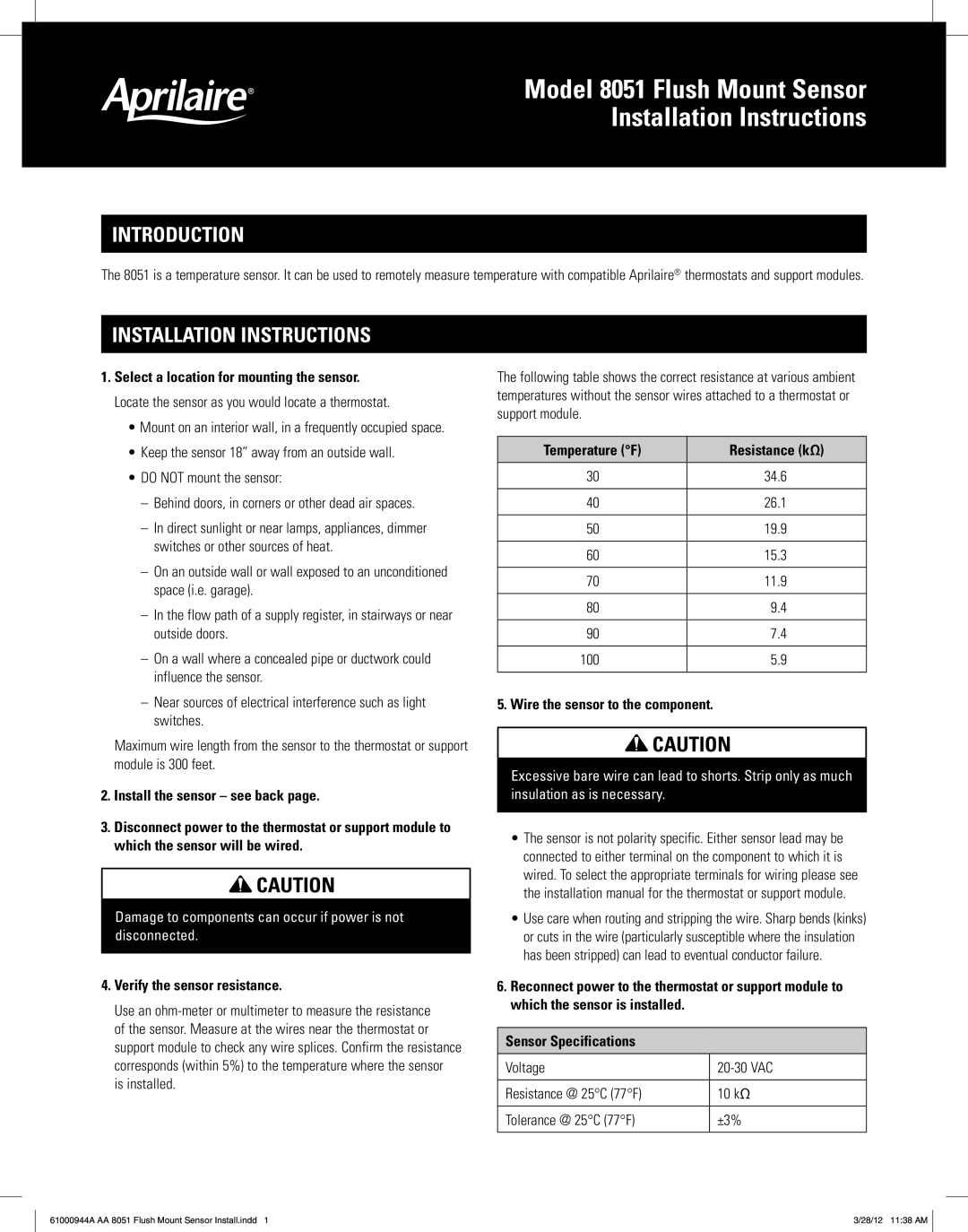 Aprilaire installation instructions Introduction, Installation Instructions, Model 8051 Flush Mount Sensor 
