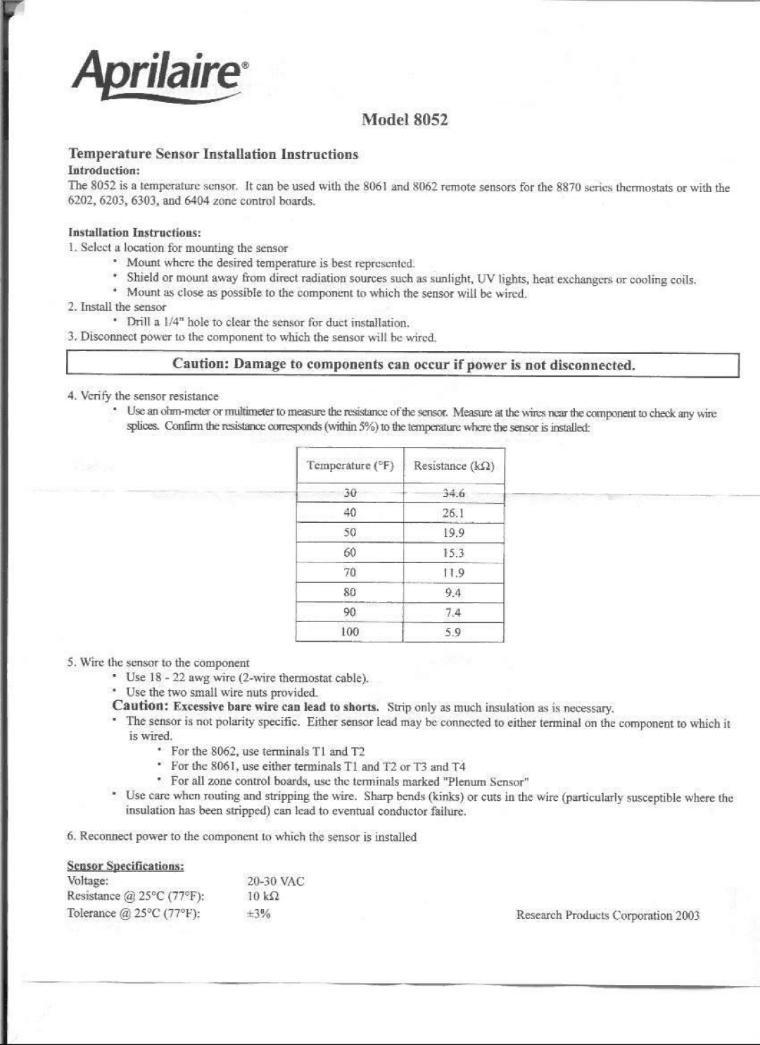 Aprilaire 8052 manual 