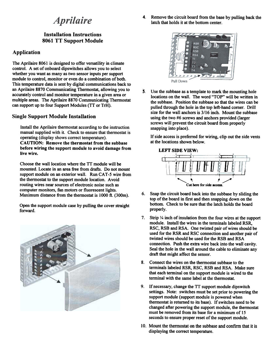 Aprilaire installation instructions T1Jff, ~ ~, Installation Instructions 8061TT Support Module Application 