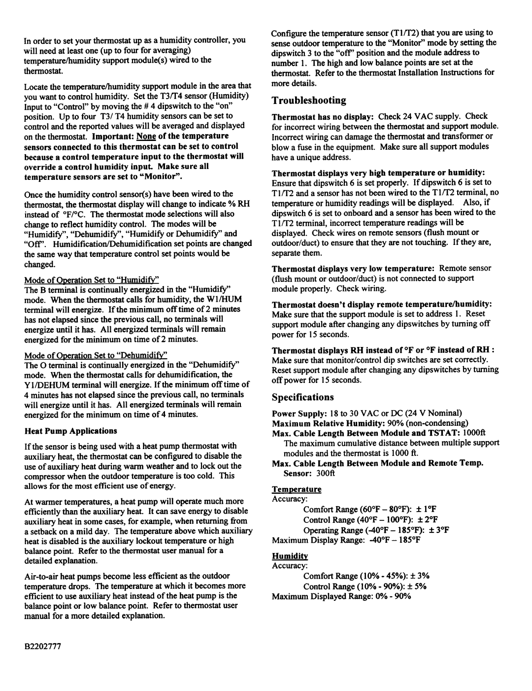 Aprilaire 8062 installation instructions Troubleshooting, Specifications 