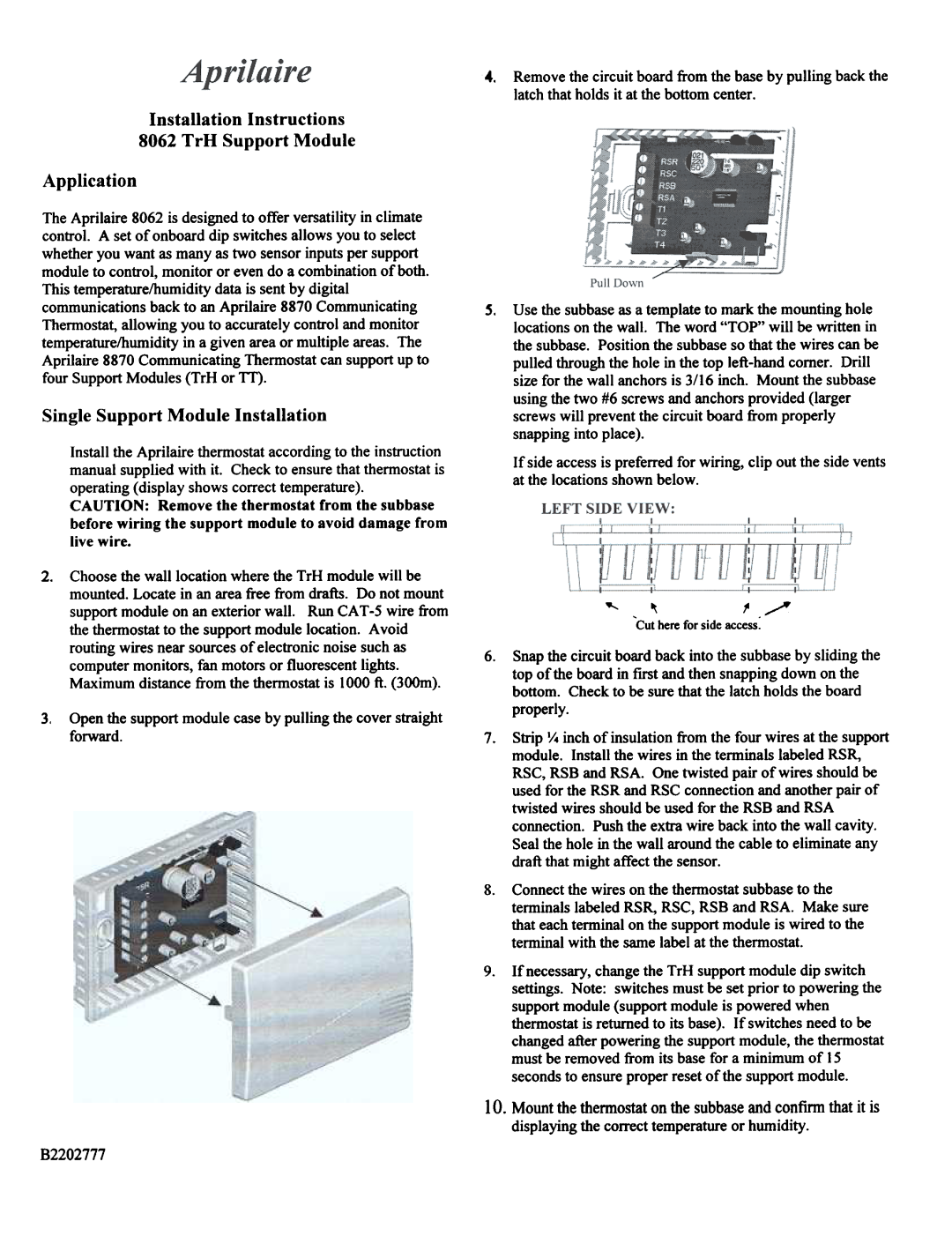 Aprilaire installation instructions Installation Instructions 8062TrH Support Module, Application, B2202777 