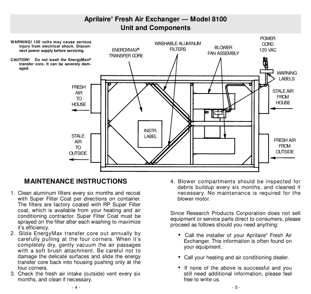 Aprilaire 8100 owner manual Aprilaire Fresh Air Exchanger Model Unit and Components, Maintenance Instructions 