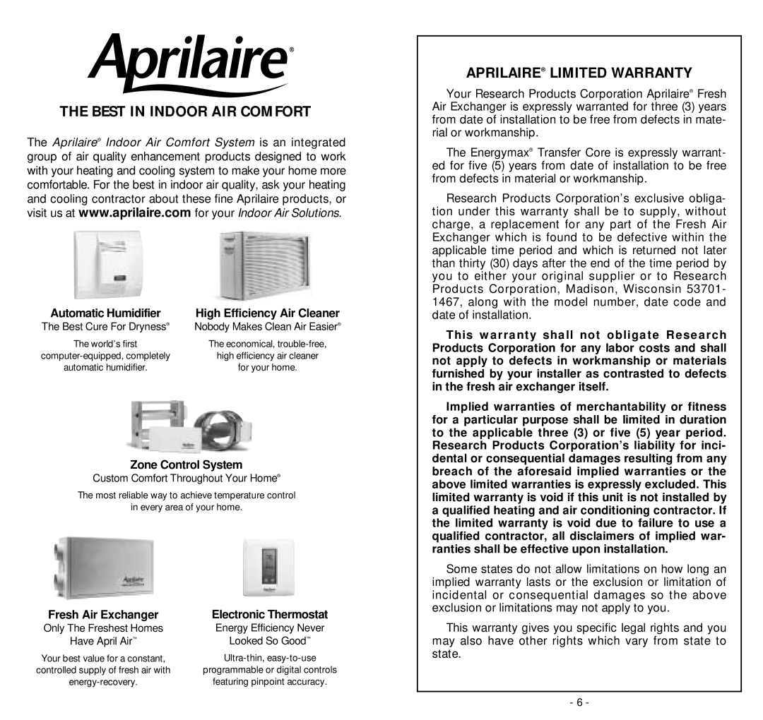 Aprilaire 8100 owner manual Best in Indoor AIR Comfort, Aprilaire Limited Warranty 