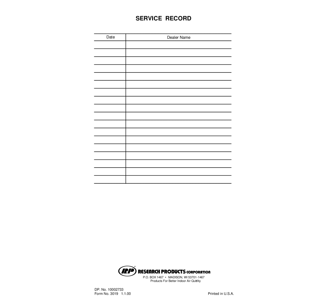 Aprilaire 8100 owner manual Service Record 