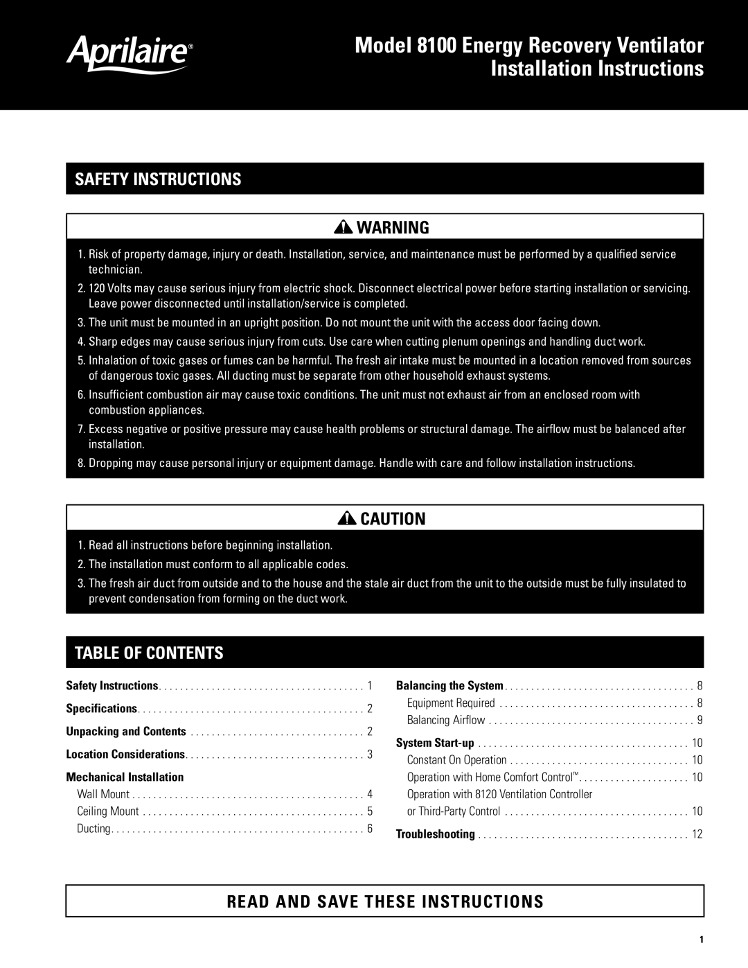 Aprilaire 8100 manual Safety Instructions, Table of Contents 