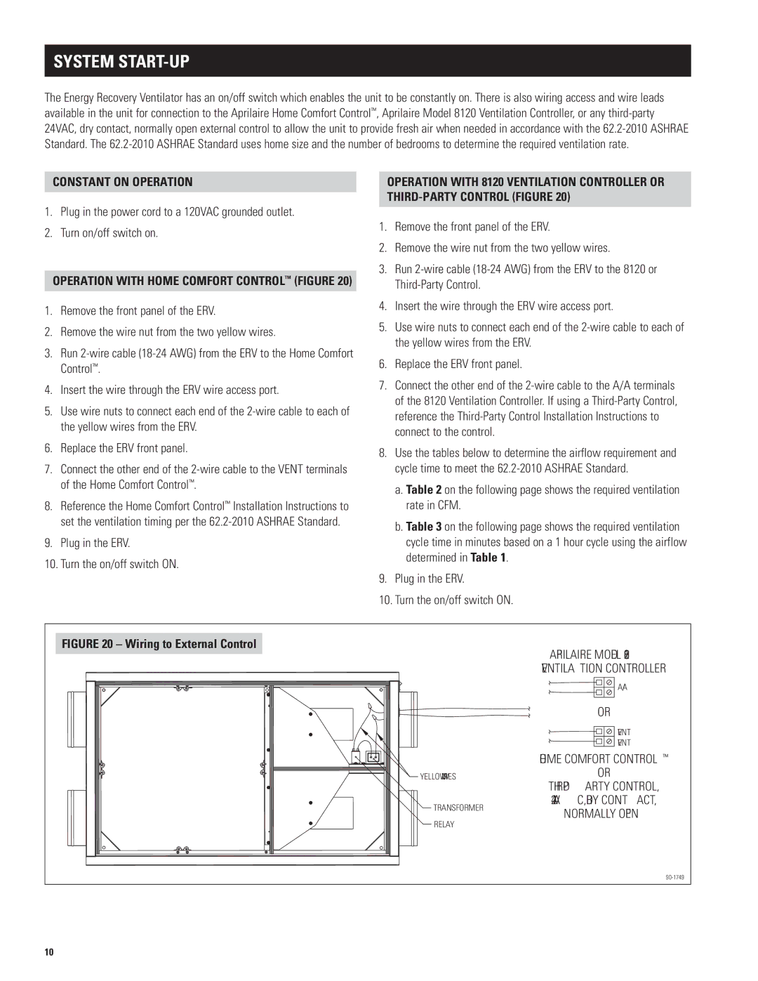 Aprilaire 8100 manual System START-UP, Constant On Operation, Operation With Home Comfort Control Figure 