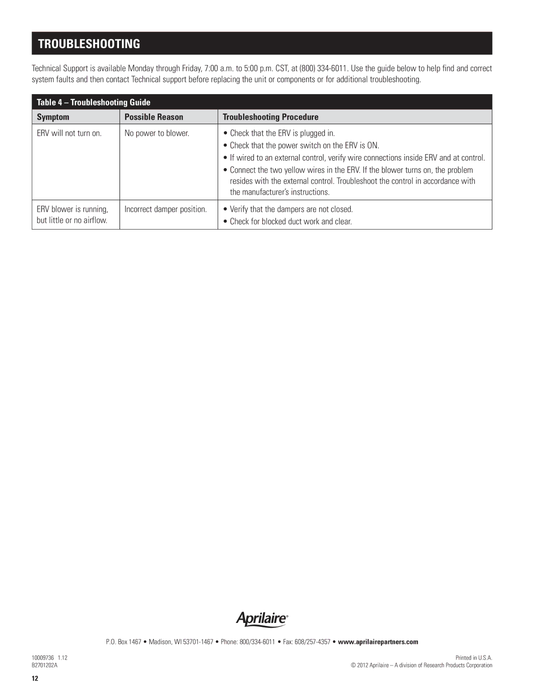 Aprilaire 8100 manual Troubleshooting Guide, Symptom Possible Reason Troubleshooting Procedure 