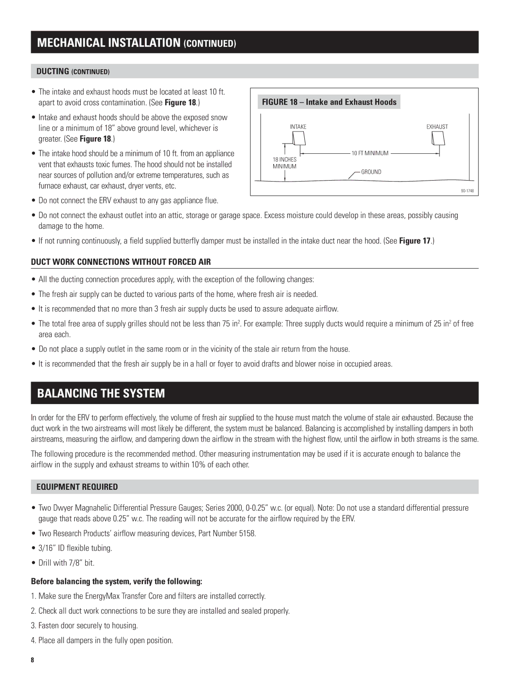 Aprilaire 8100 manual Balancing the System, Duct work Connections Without Forced Air, Equipment Required 