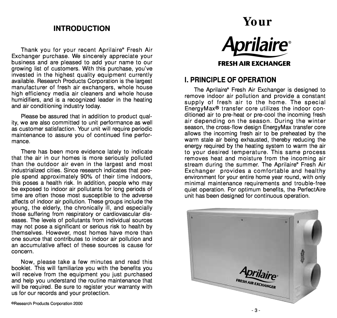 Aprilaire 8100 owner manual Introduction, I. Principle Of Operation, Your 