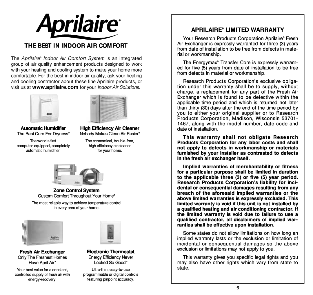 Aprilaire 8100 owner manual The Best In Indoor Air Comfort, Aprilaire Limited Warranty 