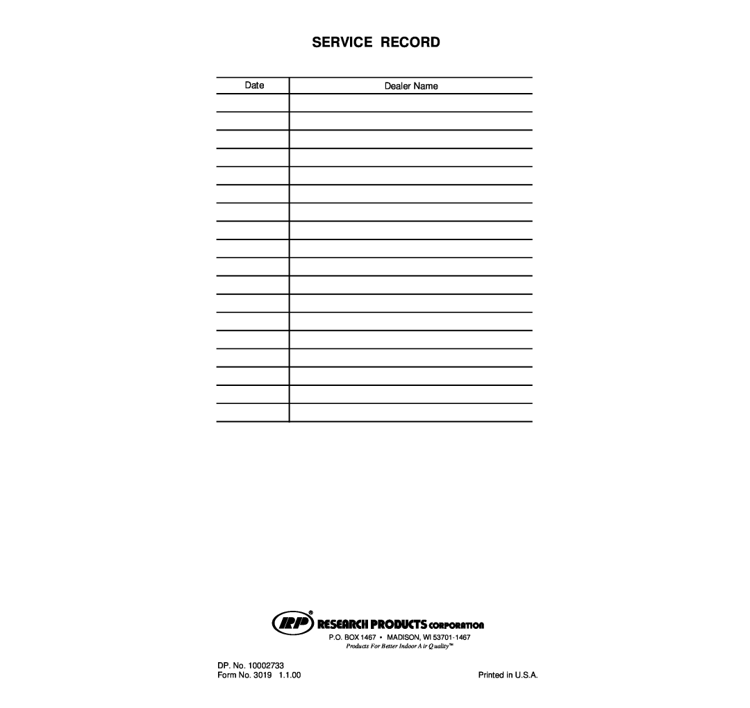 Aprilaire 8100 owner manual Service Record, Date, Dealer Name, DP. No, Form No, P.O. BOX 1467 MADISON, WI 
