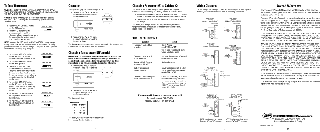 Aprilaire 8334 user manual To Test Thermostat Operation, Changing Fahrenheit F to Celsius C, Wiring Diagrams 