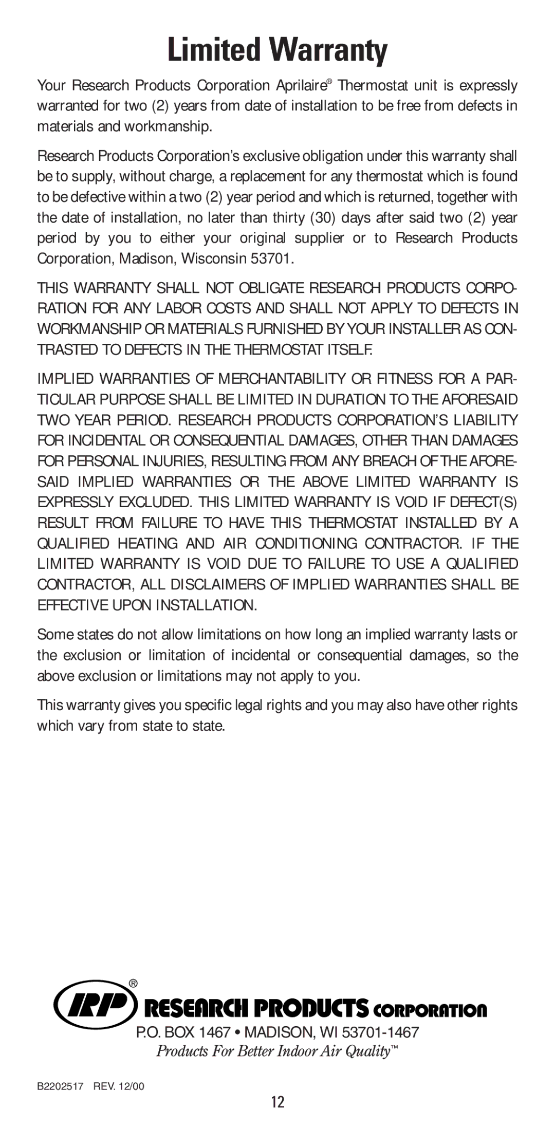 Aprilaire 8353 warranty Limited Warranty 