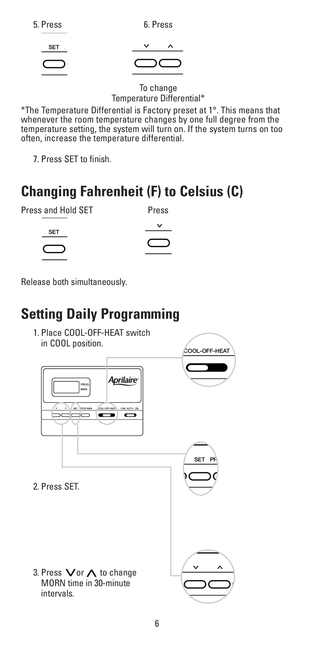 Aprilaire 8353 warranty Changing Fahrenheit F to Celsius C, Setting Daily Programming 