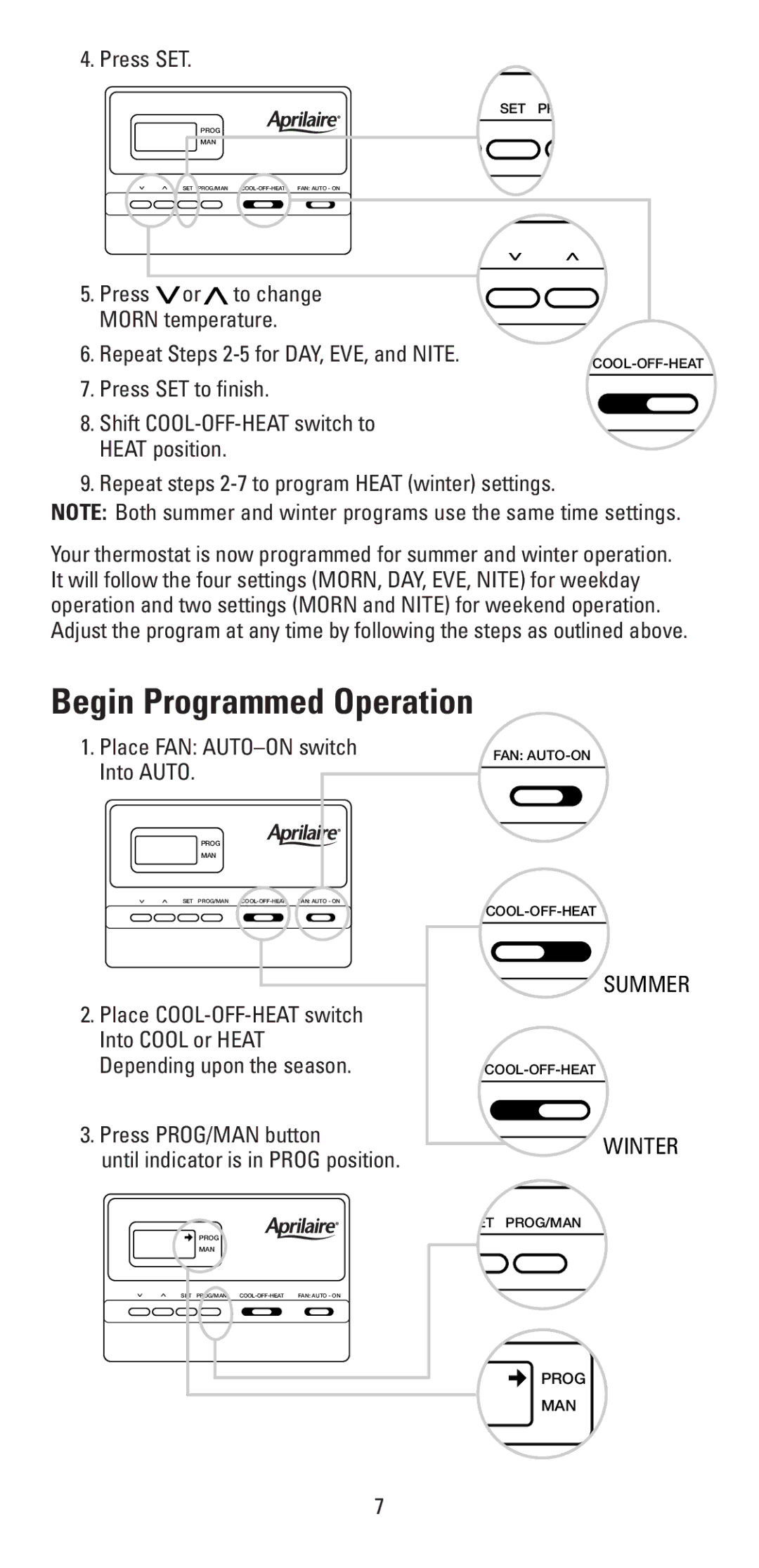 Aprilaire 8353 warranty Begin Programmed Operation, Press SET, Repeat Steps 2-5 for DAY, EVE, and Nite 