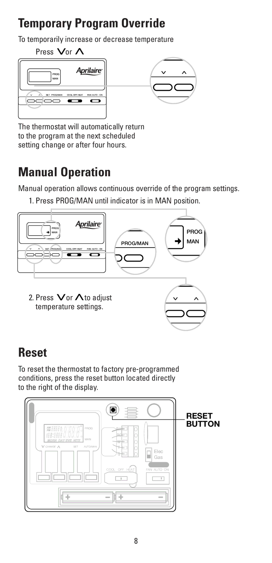 Aprilaire 8353 Temporary Program Override, Manual Operation, Reset, To temporarily increase or decrease temperature Press 