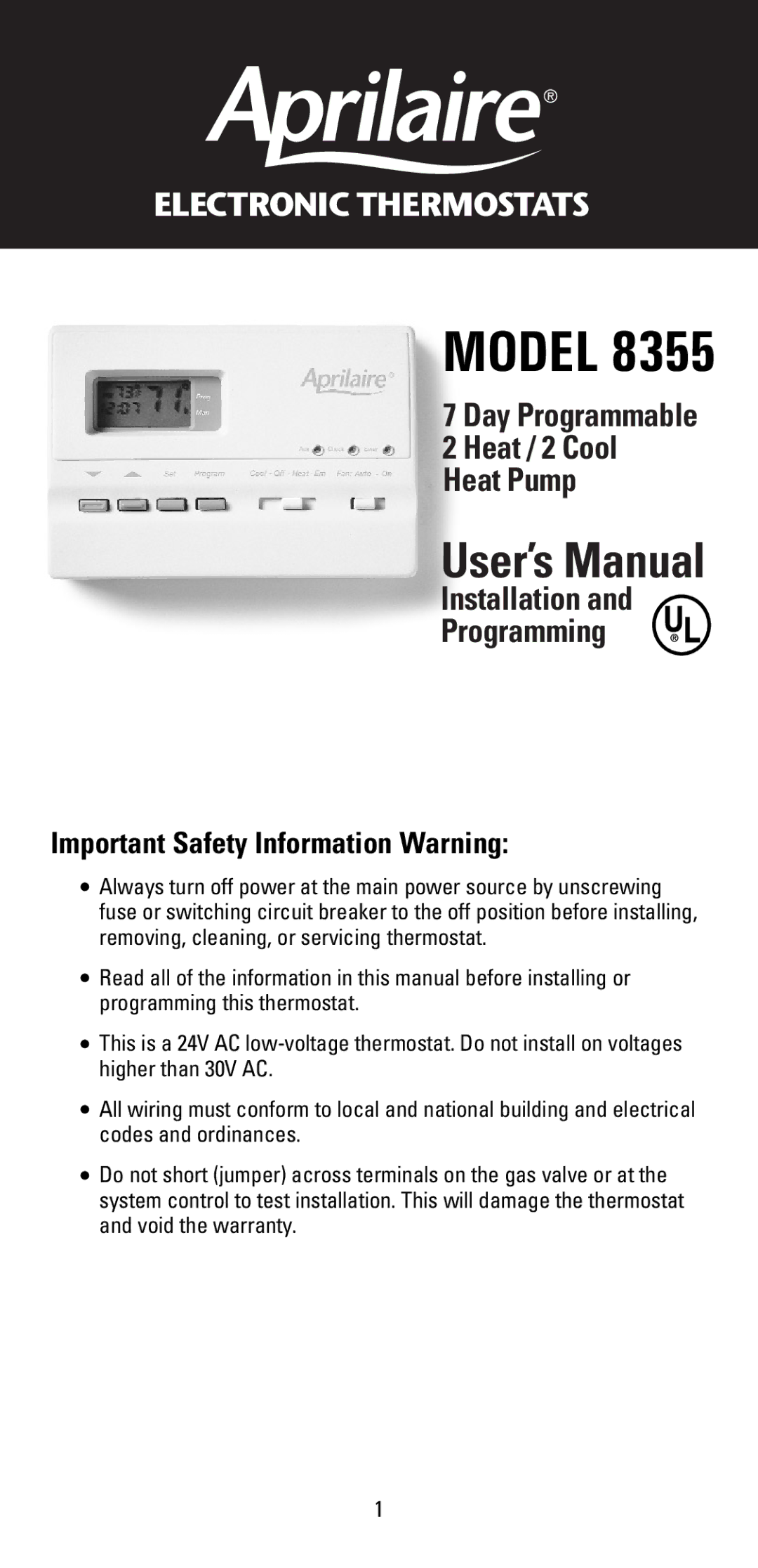 Aprilaire 8355 user manual Model 