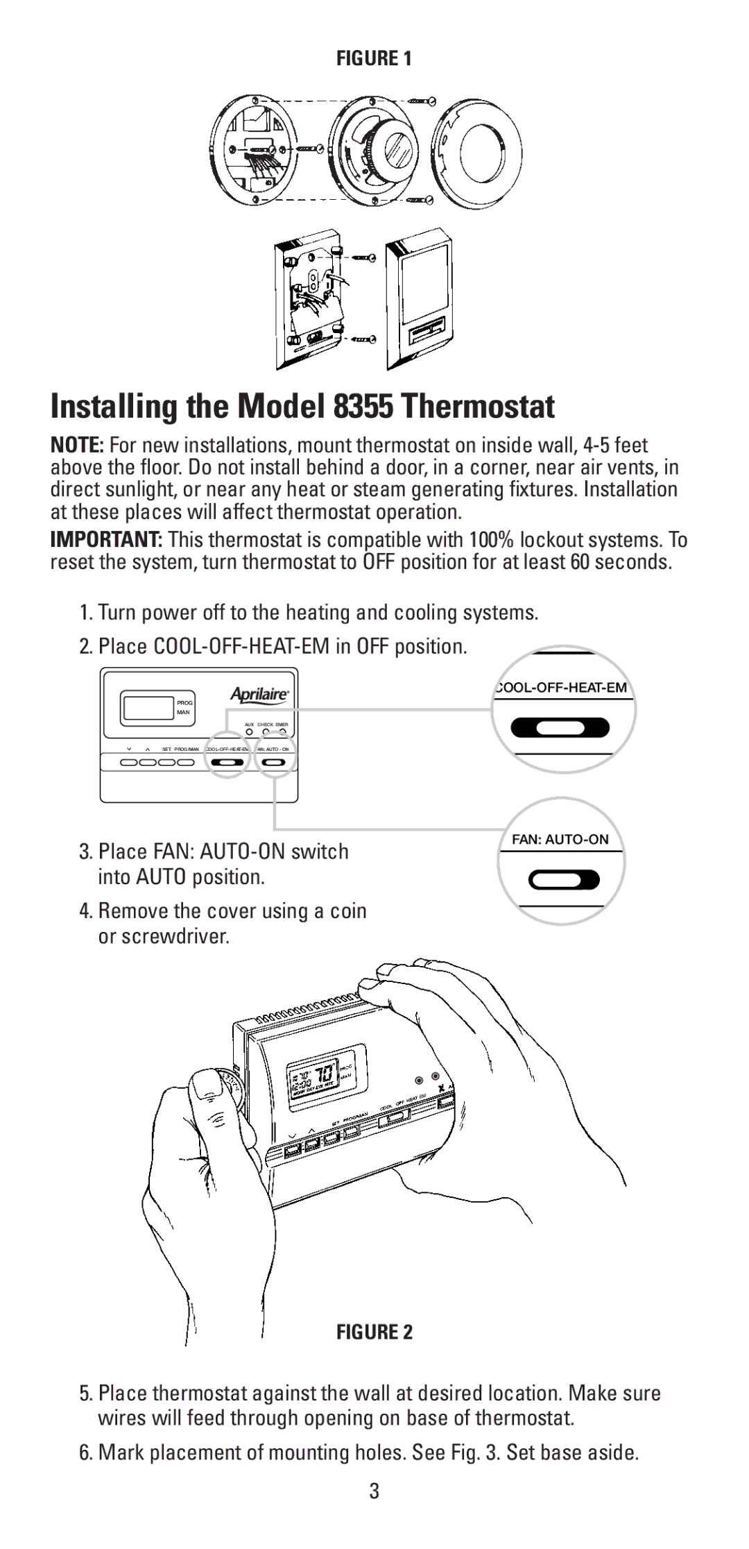 Aprilaire user manual Installing the Model 8355 Thermostat, Remove the cover using a coin or screwdriver 