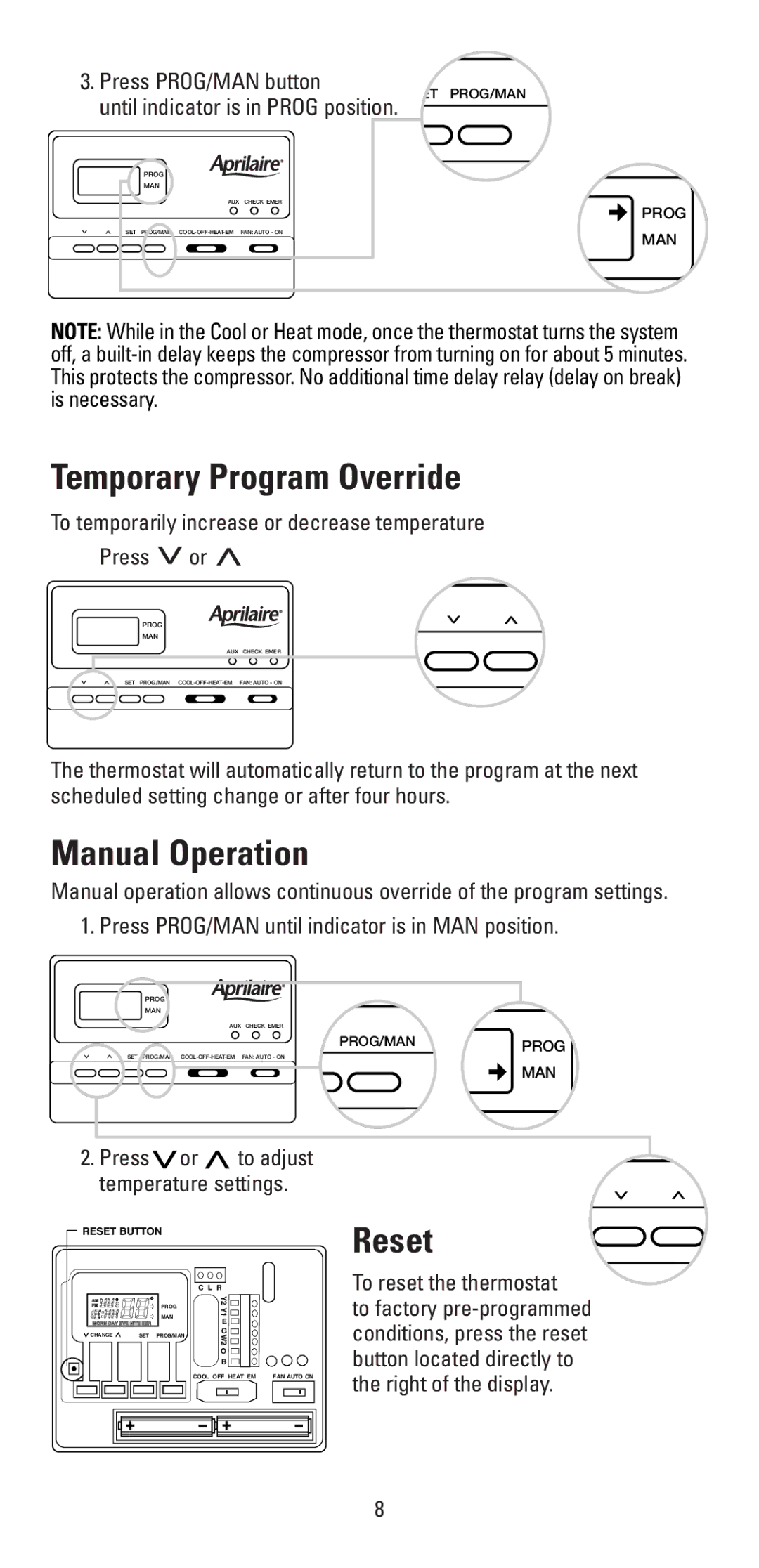 Aprilaire 8355 user manual Temporary Program Override, Manual Operation, Reset 