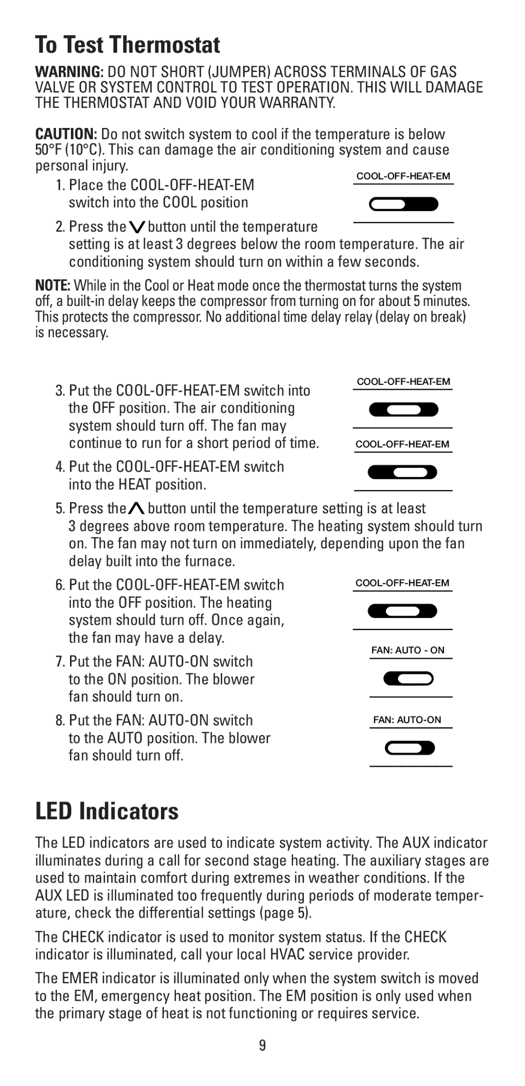 Aprilaire 8355 user manual To Test Thermostat, LED Indicators, Press the button until the temperature 