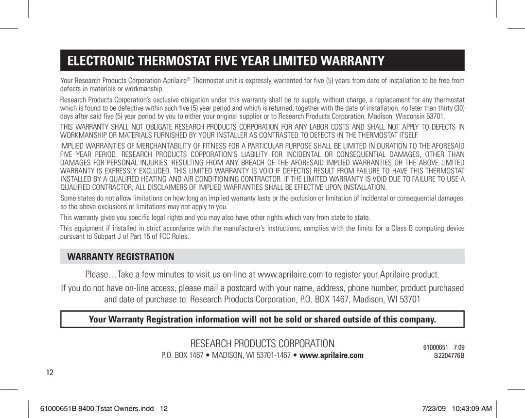 Aprilaire 8400 owner manual Electronic Thermostat Five Year Limited Warranty, Warranty Registration 