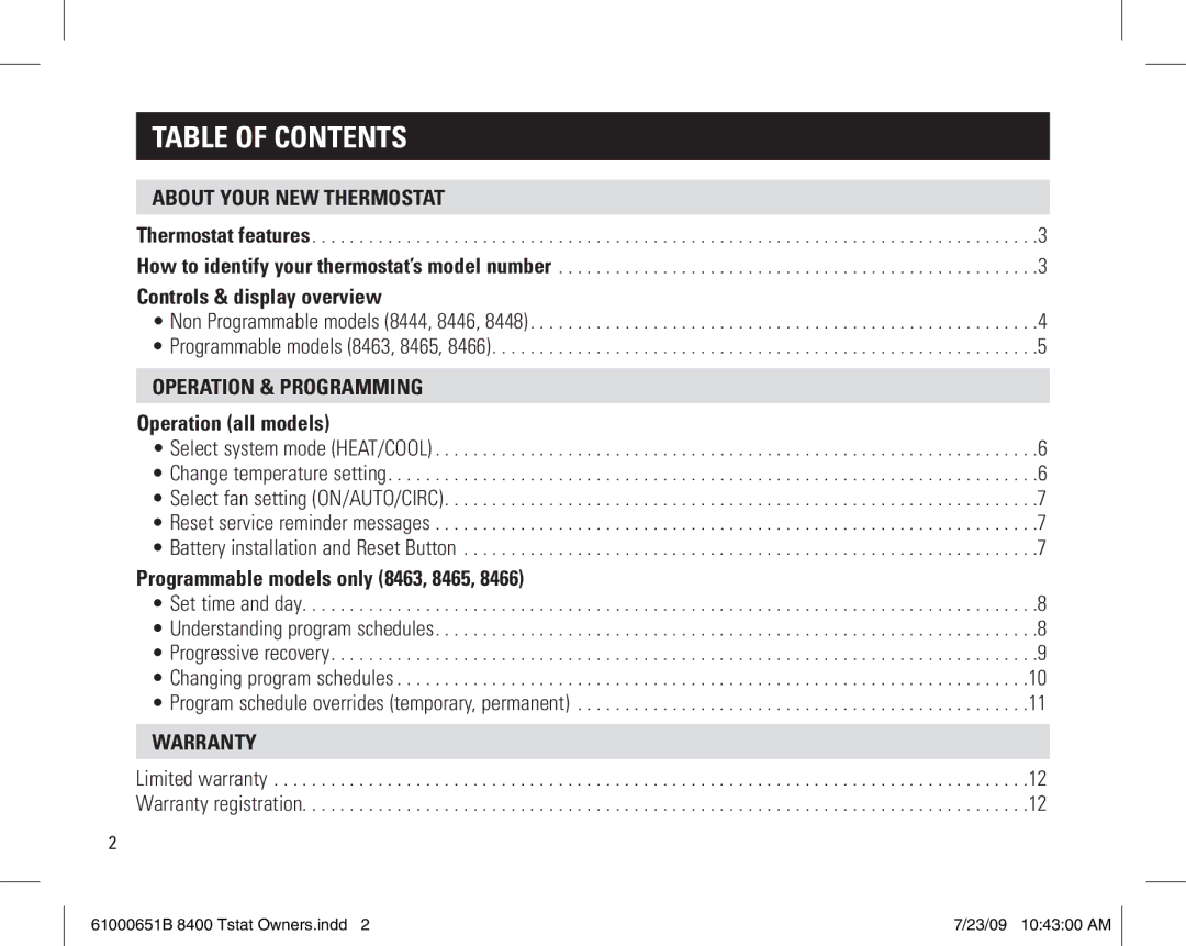 Aprilaire 8400 owner manual Table of contents 