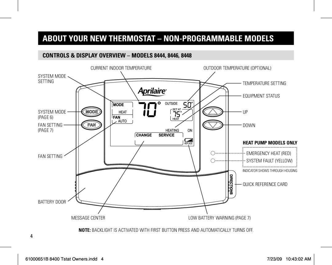 Aprilaire 8400 About your new thermostat Non-programmable models, Controls & display overview models 8444, 8446 