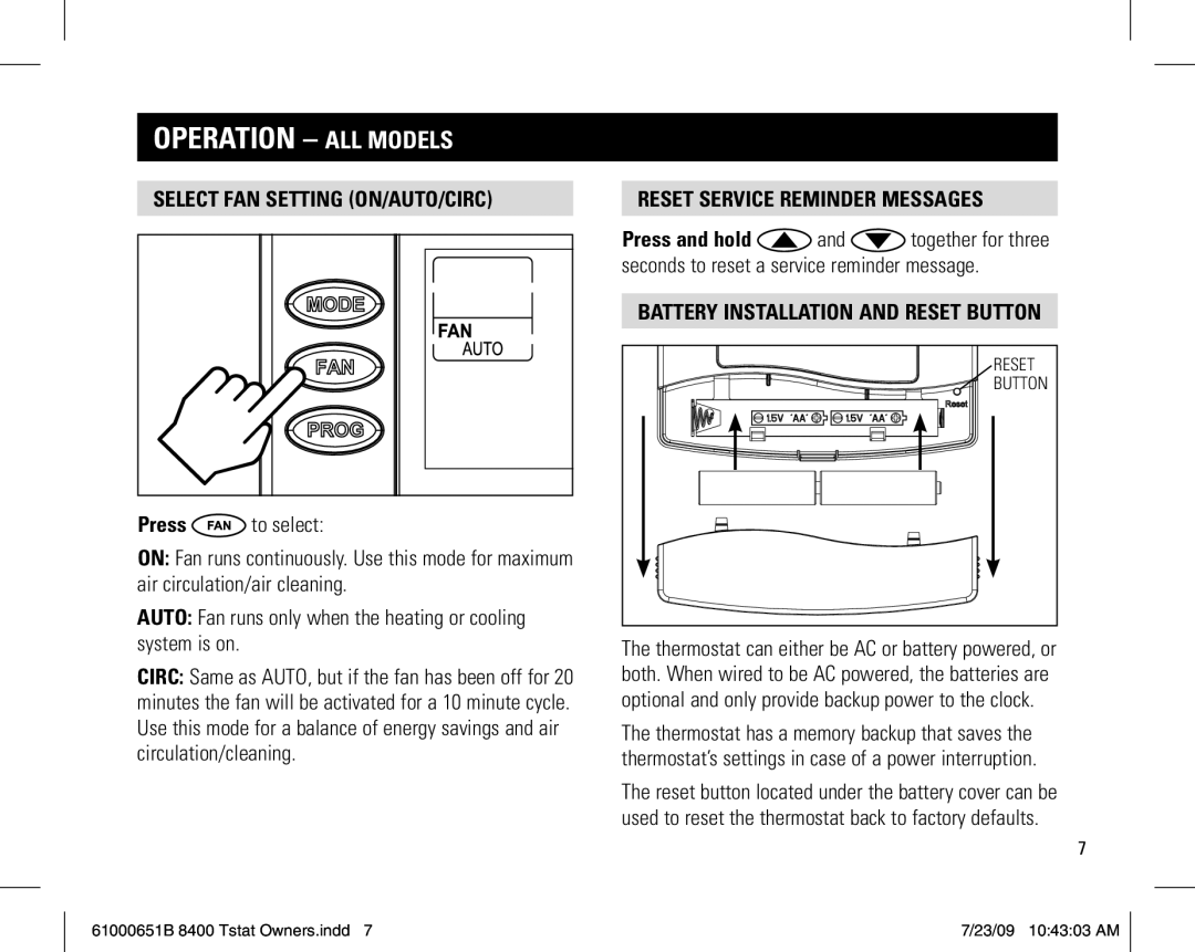 Aprilaire 8400 Select fan setting ON/AUTO/CIRC, Reset service reminder messages, Battery installation and reset button 