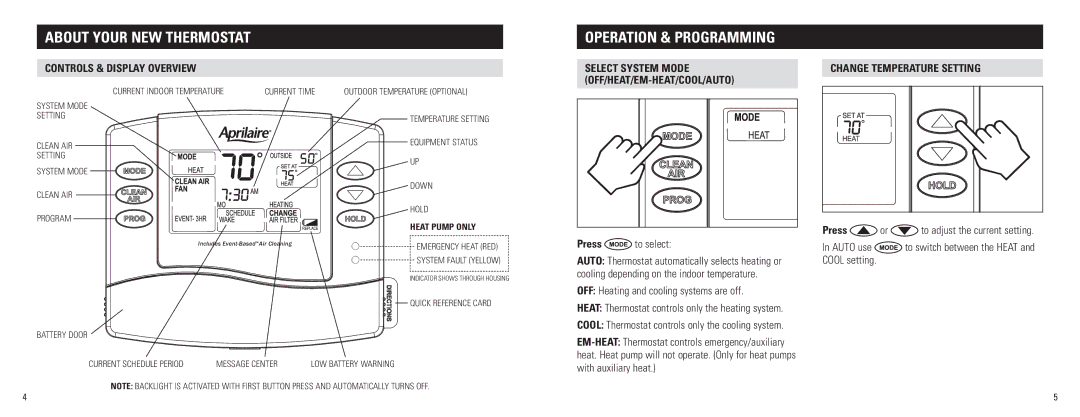 Aprilaire 8476 owner manual Operation & Programming, Controls & display overview, Change temperature setTING, Press 