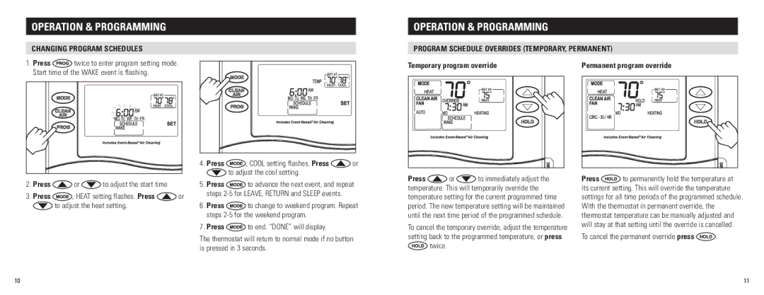 Aprilaire 8476 Changing program schedules, Program schedule overrides temporary, permanent, Temporary program override 