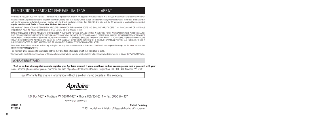 Aprilaire 8476 owner manual Electronic Thermostat Five Year Limited Warranty, Warranty Registration 