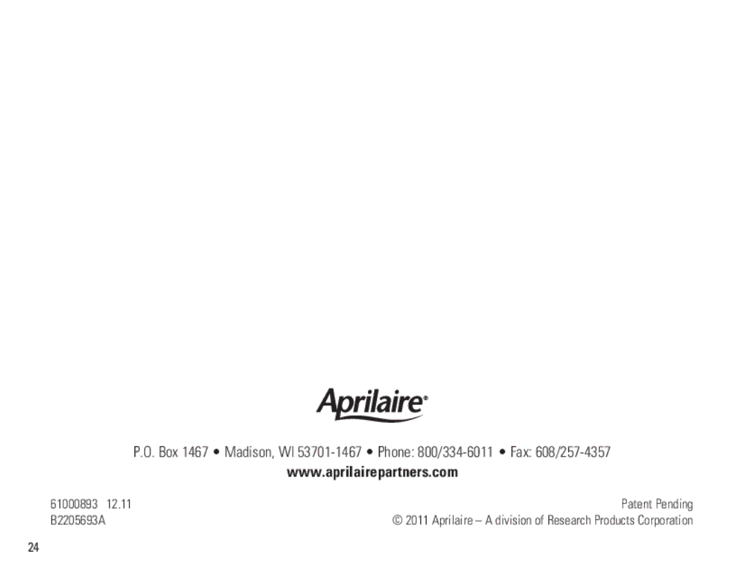 Aprilaire 8476 installation instructions Patent Pending 