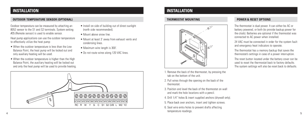 Aprilaire 8476 installation instructions Outdoor temperature sensor optional, Thermostat mounting Power & Reset options 