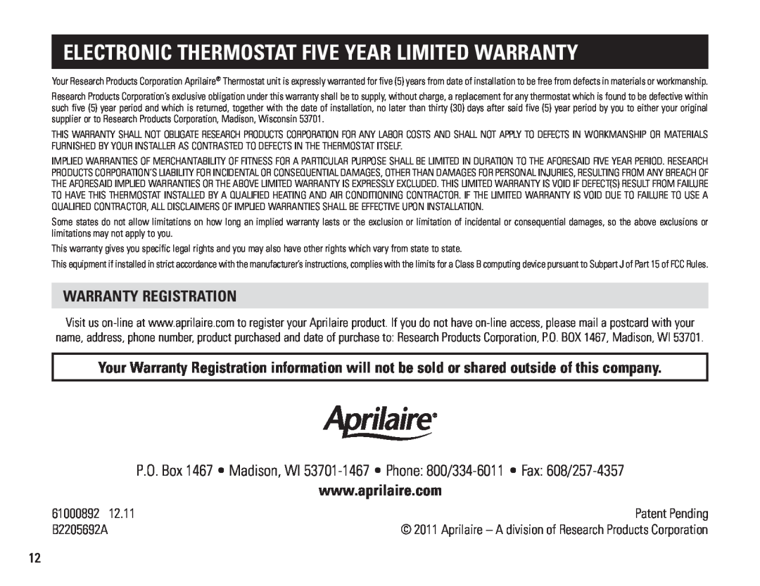 Aprilaire 8476 owner manual Electronic Thermostat Five Year Limited Warranty, Warranty Registration 