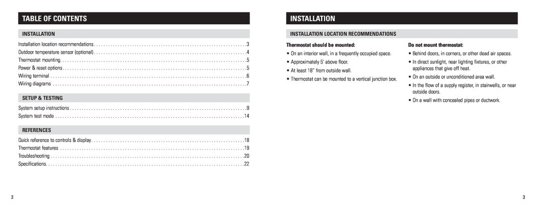 Aprilaire 8476 Table of contents, Setup & Testing, Installation location recommendations, Thermostat should be mounted 