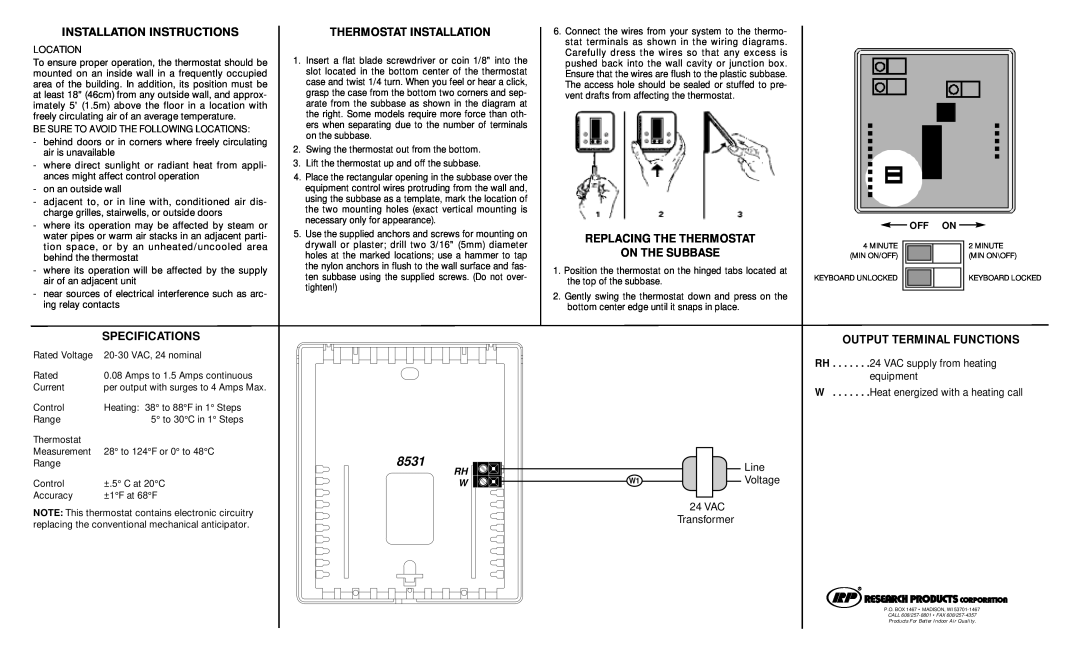 Aprilaire 8531 111-137B 97185 Installation Instructions, Specifications, Thermostat Installation, Line, Voltage, Rh W 