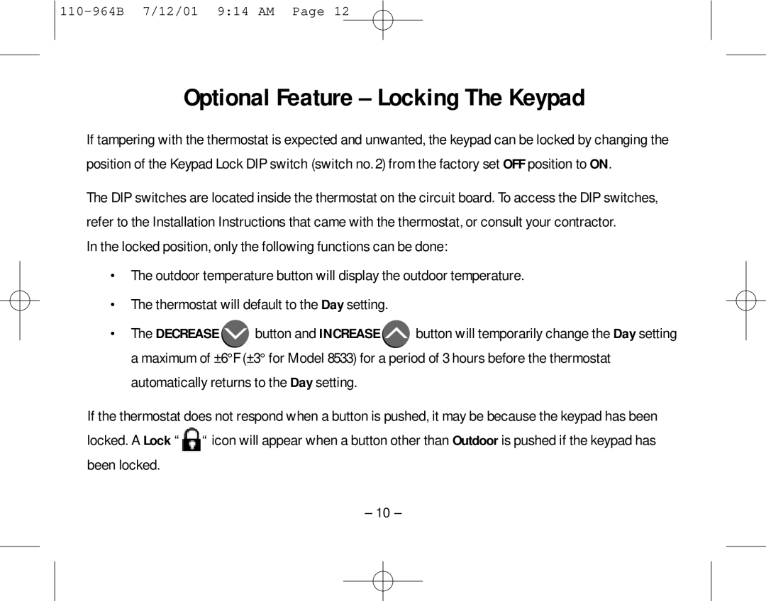 Aprilaire 8533 owner manual Optional Feature Locking The Keypad 