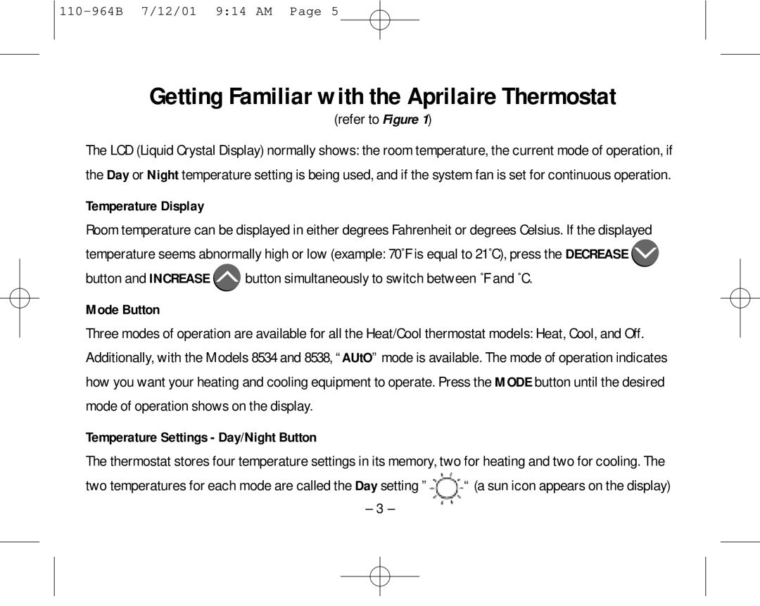 Aprilaire 8533 owner manual Getting Familiar with the Aprilaire Thermostat, Temperature Display, Mode Button 