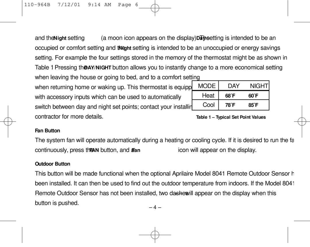 Aprilaire 8533 owner manual 68˚F, 78˚F, Fan Button, Outdoor Button 