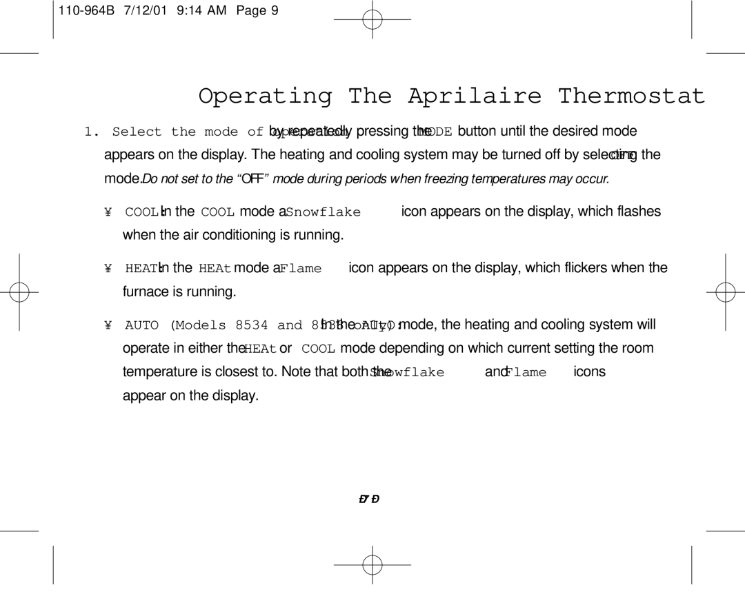 Aprilaire 8533 owner manual Operating The Aprilaire Thermostat 