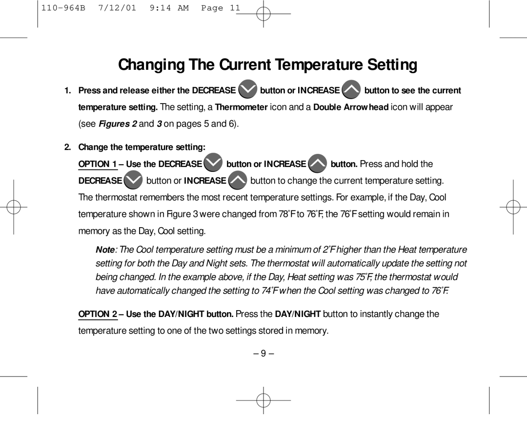 Aprilaire 8533 Changing The Current Temperature Setting, Change the temperature setting, 110-964B 7/12/01 914 AM Page 