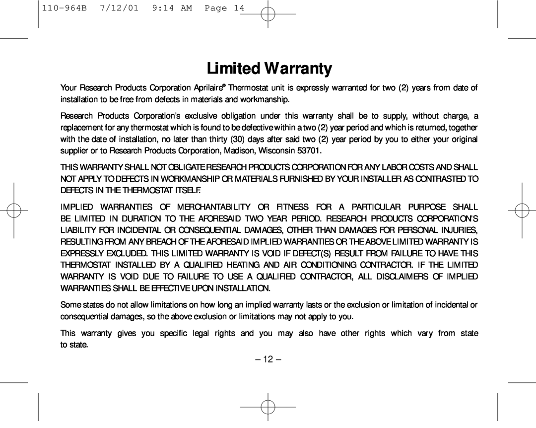 Aprilaire 8533 owner manual Limited Warranty 