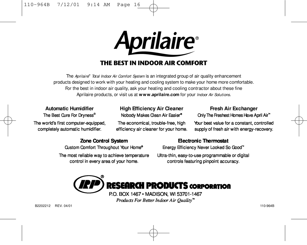 Aprilaire 8533 owner manual 110-964B 7/12/01 914 AM Page, P.O. BOX 1467 MADISON, WI, Products For Better Indoor Air Quality 