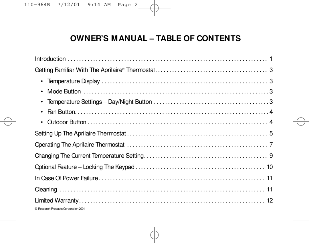 Aprilaire 8533 owner manual Owner’S Manual - Table Of Contents 