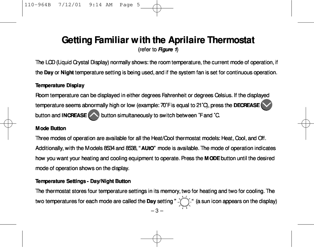 Aprilaire 8533 owner manual Getting Familiar with the Aprilaire Thermostat, Temperature Display, Mode Button 