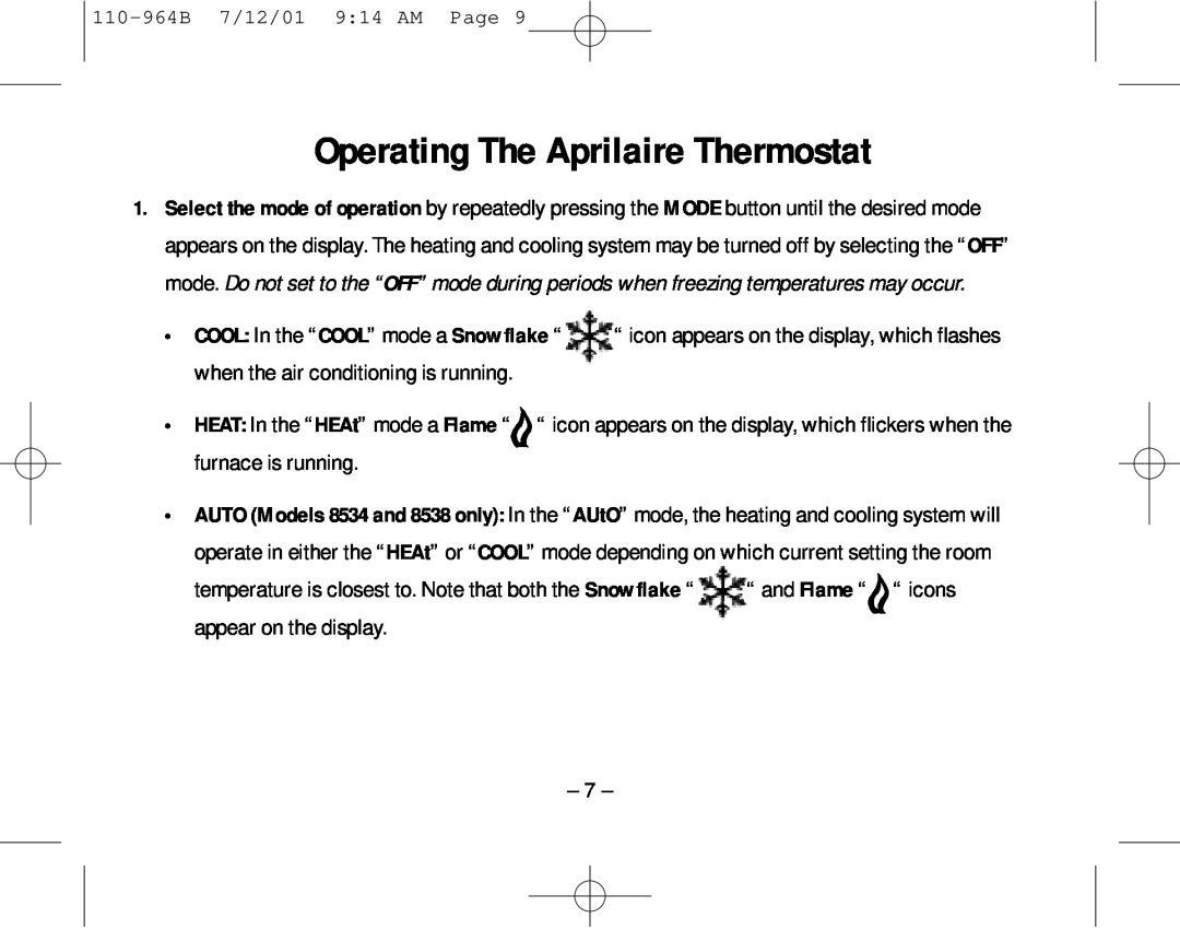 Aprilaire 8533 owner manual Operating The Aprilaire Thermostat 