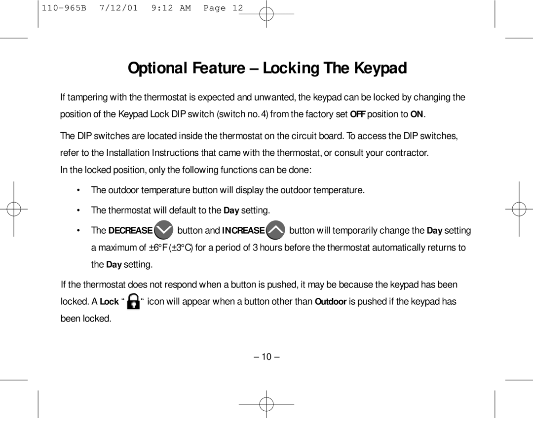 Aprilaire 8535 owner manual Optional Feature Locking The Keypad 