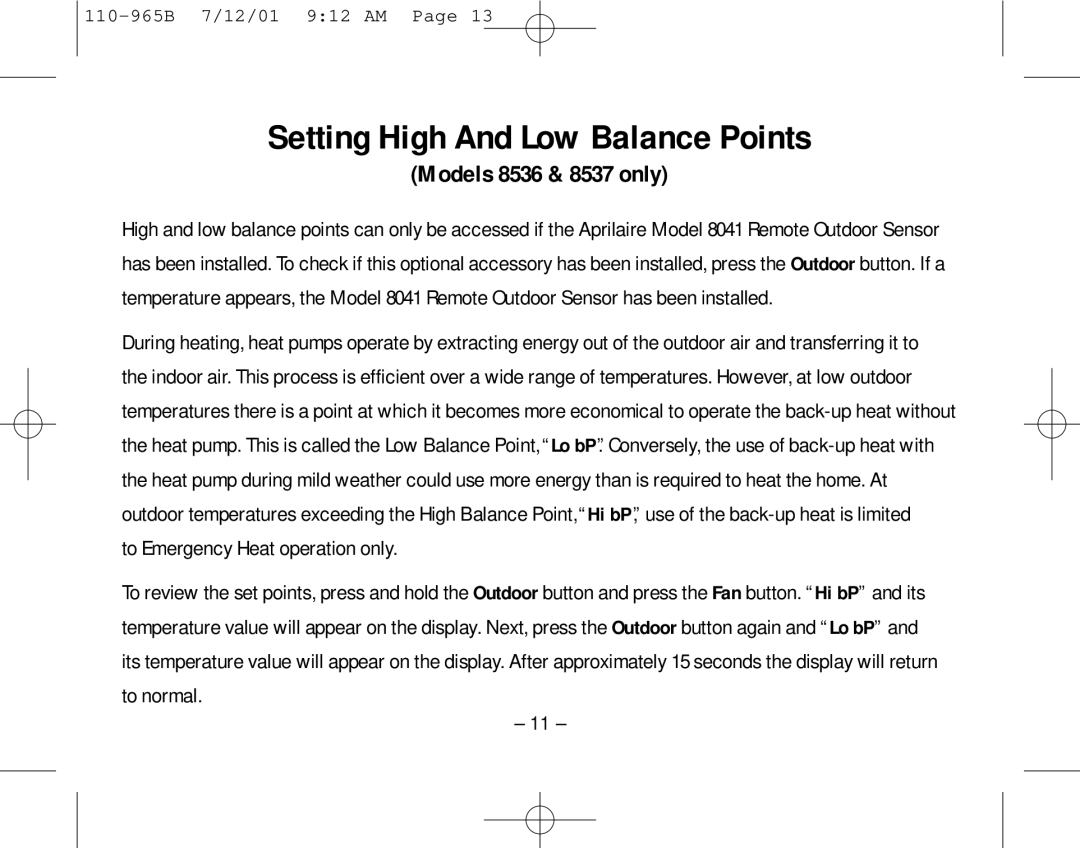 Aprilaire 8535 owner manual Setting High And Low Balance Points, Models 8536 & 8537 only 